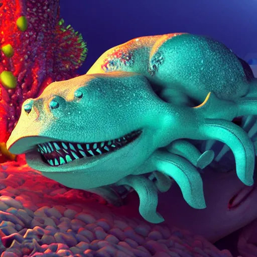 Prompt: A giant undersea creature, menacing, realistic, extremely detailed, 3D with depth of field, close up, translucent body, vibrant colors, surreal, top-rated, made in Cinema 4D and photoshop, by Sasha Vinogradova