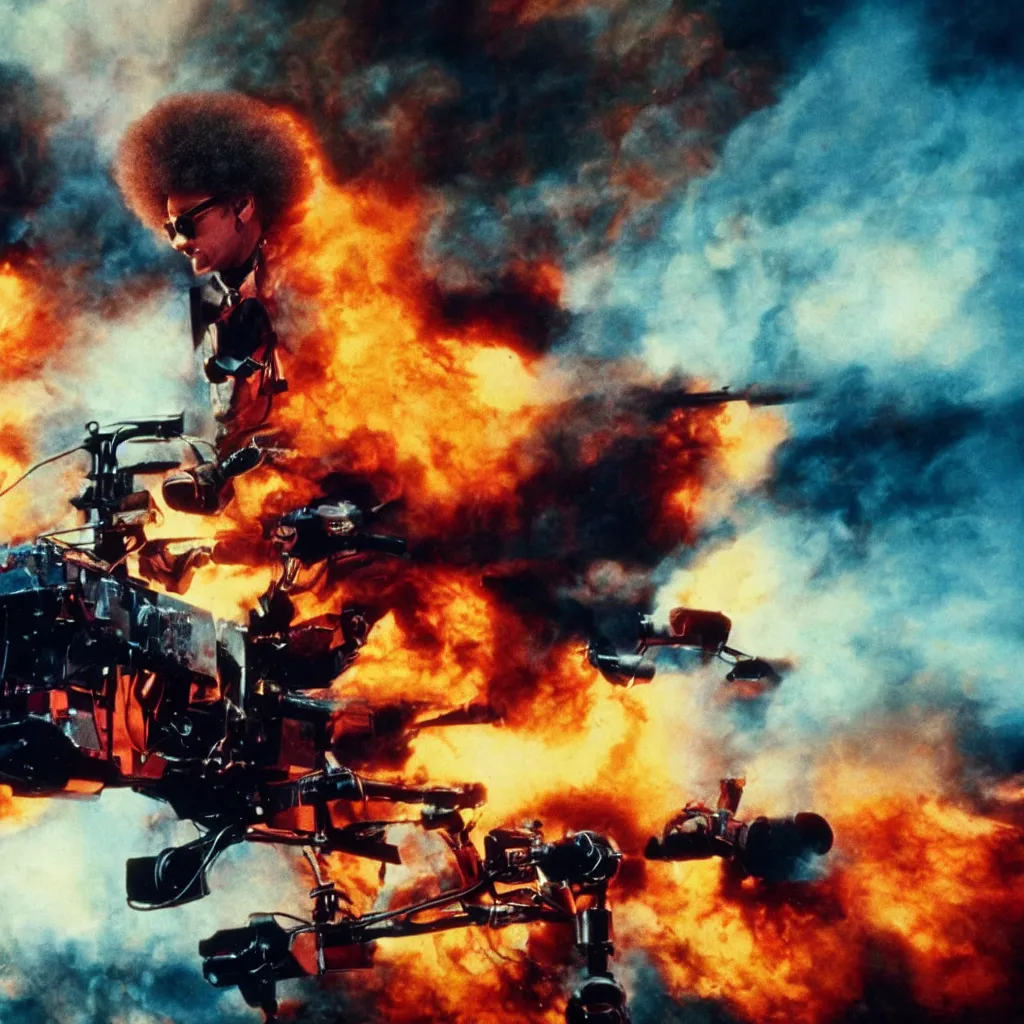 Prompt: elton john with a afro hair style riding a hellfire missile, cinematic framing, cinematic lighting, hdr, gritty, movie still, 4k, 70s psychedelic style