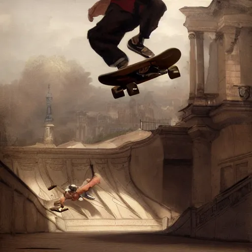 Prompt: close up skateboarder painting dynamic detailed by hubert robert