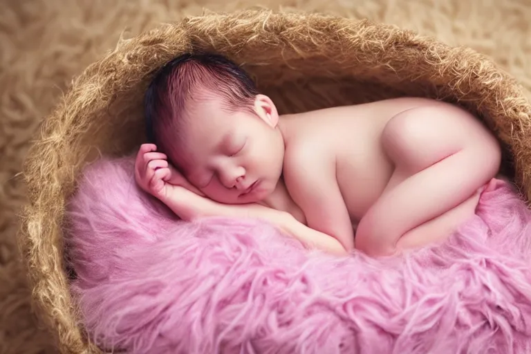 Image similar to beautiful sleeping newborn human baby girl wrapped in pink blanket inside a wooden basket on top of flowers and a furry pink carpet, newborn photography style, photographic, ultra realistic, highly detailed, octane render