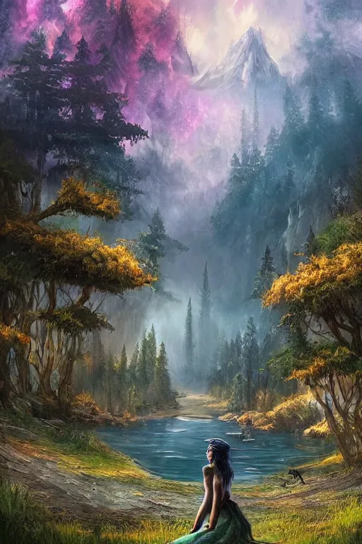 Image similar to beautiful matte painting style dark academia, street art fantasy path mountains and meadow in the background near a lake reflecting the trees, atmospheric lighting, painted, intricate, volumetric lighting, beautiful, rich deep colors masterpiece, sharp focus, ultra detailed by