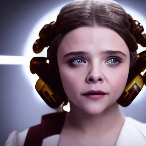 Image similar to Adult Chloe Moretz as Princess Leia, movie scene, XF IQ4, 150MP, 50mm, F1.4, studio lighting, professional, Look at all that detail!, Dolby Vision, UHD