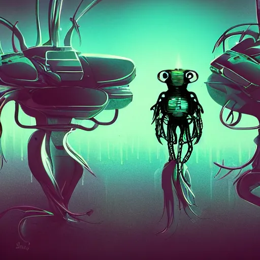 Image similar to concept art of a cyberpunk insectoid underwater alien and its minions, retro technology