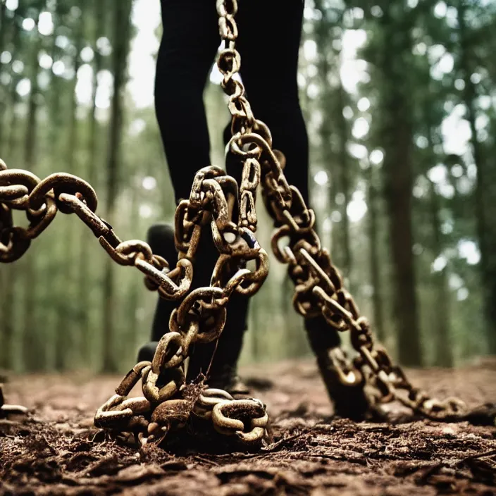 Image similar to a closeup of a woman dragging a pile of chains, in a forest, by Erik Almas, CANON Eos C300, ƒ1.8, 35mm, 8K, medium-format print