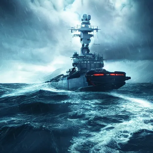 Image similar to semi futuristic warship being attacked by a sea monster, chaotic sea setting, ocean, unreal engine, octane render, cinematic, epic, rainy stormy night, chaotic, 8k, ultra detailed, Artstation, Trending on Artstation, Artstation HQ, Artstation HD, deviant art, Pinterest, digital art, reflections,