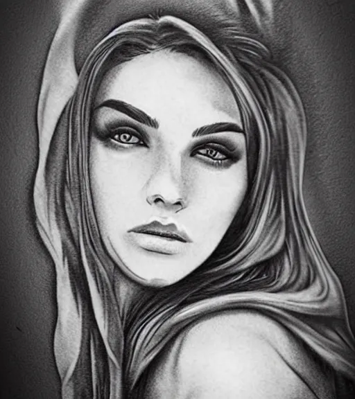 Image similar to amazing fade effect of beautiful mountain scenery with a beautiful woman face, tattoo design sketch, hyper - realistic, in the style of matteo pasqualin, amazing detail, black and white