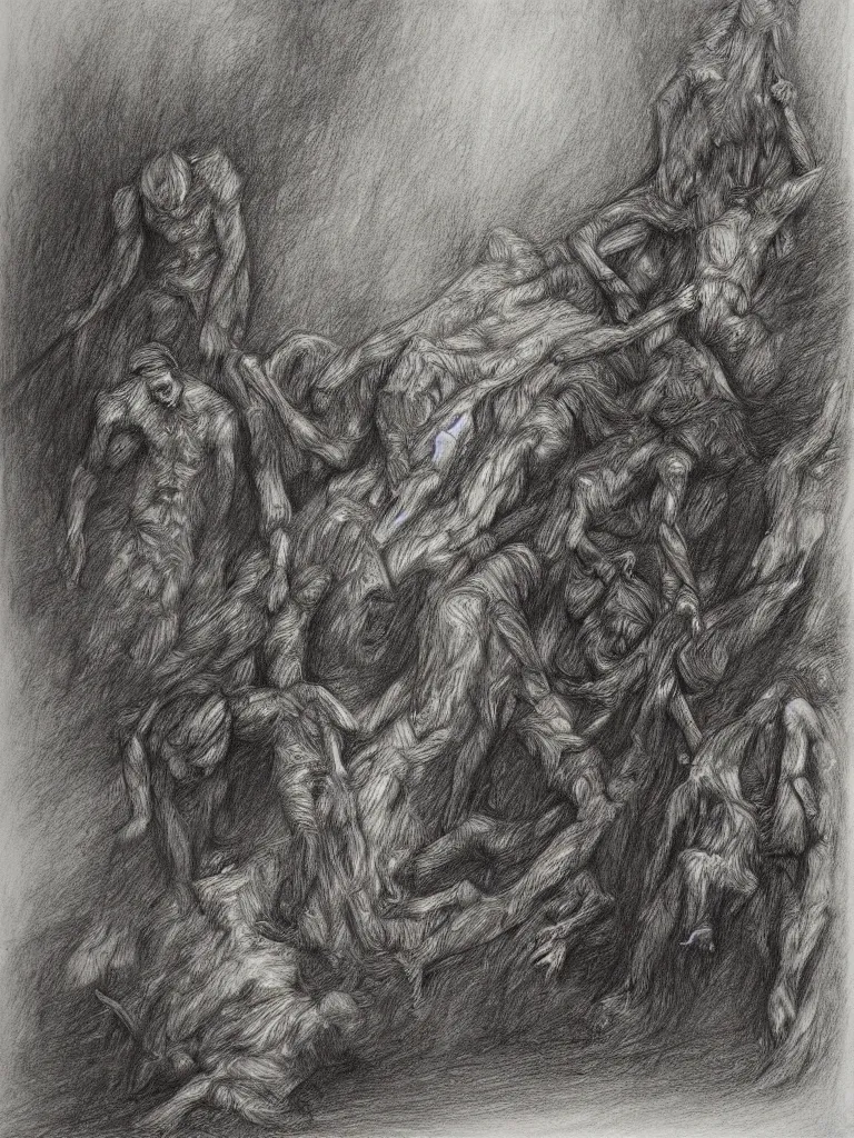 Prompt: inside my nightmares, charcoal detailed drawing, Greg Rutkoski style, Gustave Dore style,