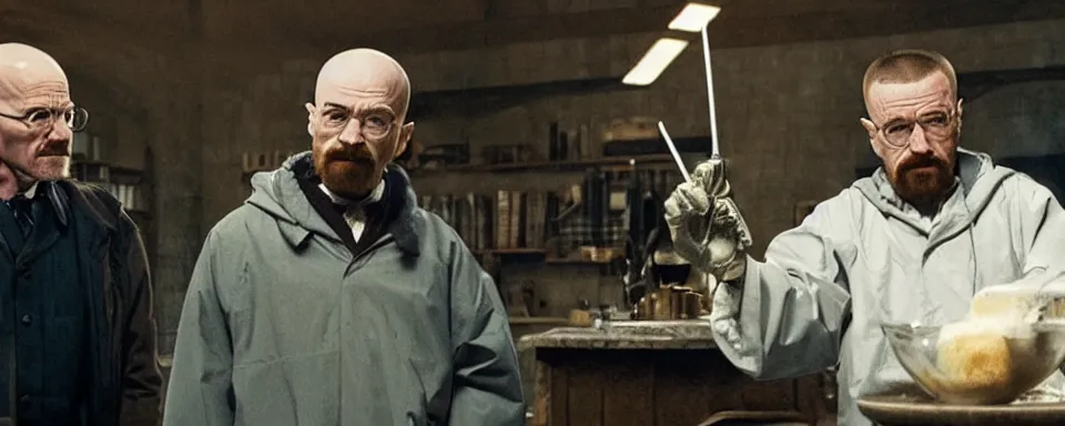 Image similar to walter white teaching harry potter to cook meth, hd, photorealistic, cinematic