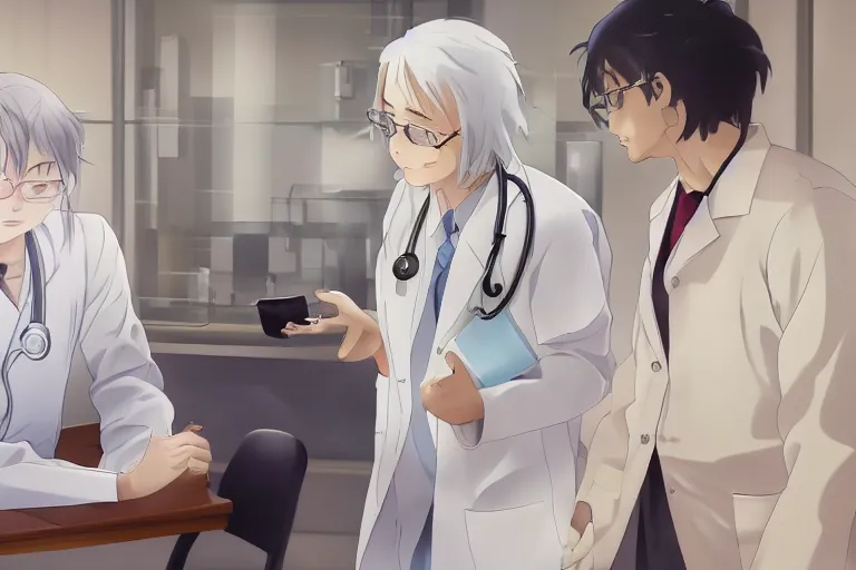 Image similar to a cute young female doctor wearing white coat are talking with an old surgeon in a hospital, slice of life anime, lighting, 8 k, hd, anime scenery by makoto shinkai