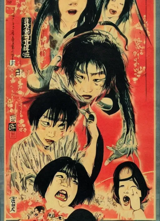 Image similar to vintage japanese movie poster with mutated nightmarish creatures, from a 1 9 8 0 s japanese horror movie