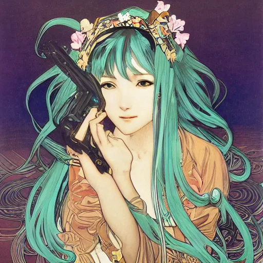 Prompt: hatsune miku, artwork by Alphonse Mucha, highly detailed