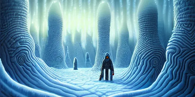 Image similar to painting artic snow covered alien mushroom labyrinth consuming futuristic mega city from blade in the style of florapunk by tomasz alen kopera and daniel lieske with futuristic castle by simon stahlenhag