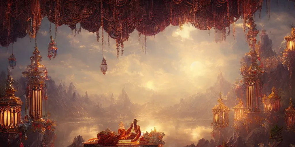 Image similar to painting of a god of wind enjoying his ornate heavenly palace, decorated with windchimes and paper lanterns, stunning nature in background, cinematic, 8 k, hyper detailed, digital art trending on artstation