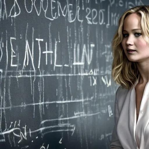 Prompt: the first still from the professor, directed by christopher nolan, shows jennifer lawrence at a chalkboard explaining data pipelines 4 k