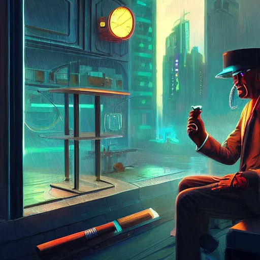 Image similar to An android smoking a cigar in a cyberpunk setting by Evgeny Lushpin, Trending on Artstation, 1980s Computer Graphics