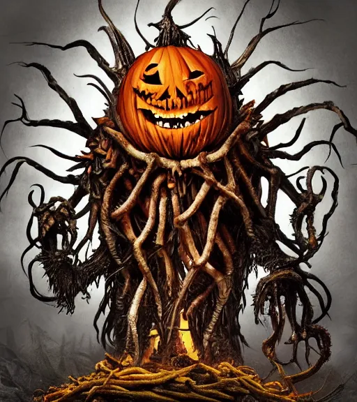 Image similar to a tim burton design of a horrifying king creature made of pumpkin, fat, limbs made from vines, sitting on a stone throne, detailed game art illustration, menacing carved facial expression, creepy lighting, dynamic pose, 4 k artstation, masterpiece