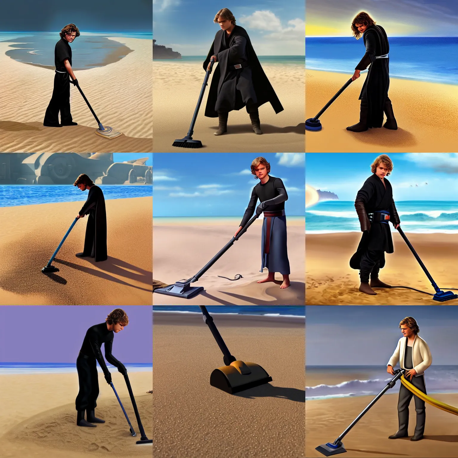 Prompt: anakin skywalker vacumming the beach to remove sand, hd high quality, cinema 4 k, award winning details, hiperrealistic, photorealistic from lucasarts studios