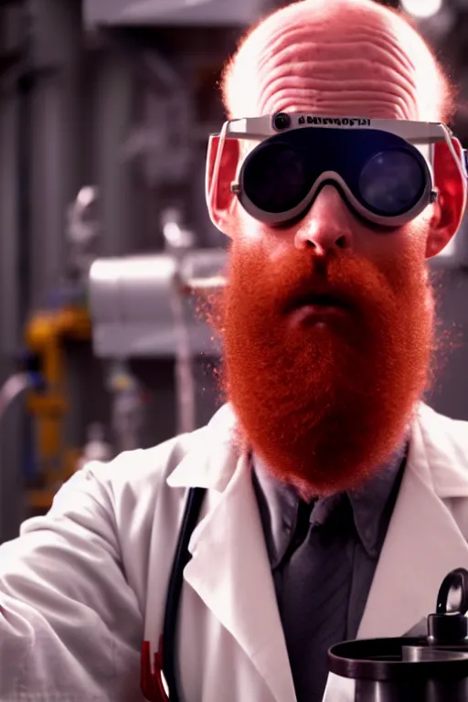 Image similar to an awkwardly tall scientist with 3 eyes and a tangled beard and unruly red hair atop his balding head wearing a labcoat and welding goggles and holding a beaker, high resolution film still, movie by Ivan Reitman