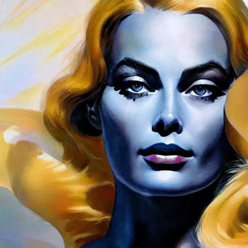 Image similar to ultra realistic portrait painting of margot robbie with beautiful extravagant wings in x - men, art by frank frazetta, 4 k, ultra realistic, highly detailed, epic lighting.