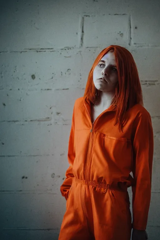 Image similar to portrait photo of a teenage girl in an orange jumpsuit. Bright orange, natural hair, freckles. In an industrial environment. Shallow depth of field. Dramatic lighting. Low light. Highly detailed.