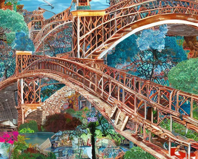 Image similar to detailed bridge with unexpected maximalist elements. 8x HD mixed media 3D collage in the style of an hyperdetailed childbook illustration in soft natural tones. matte background no frame HD