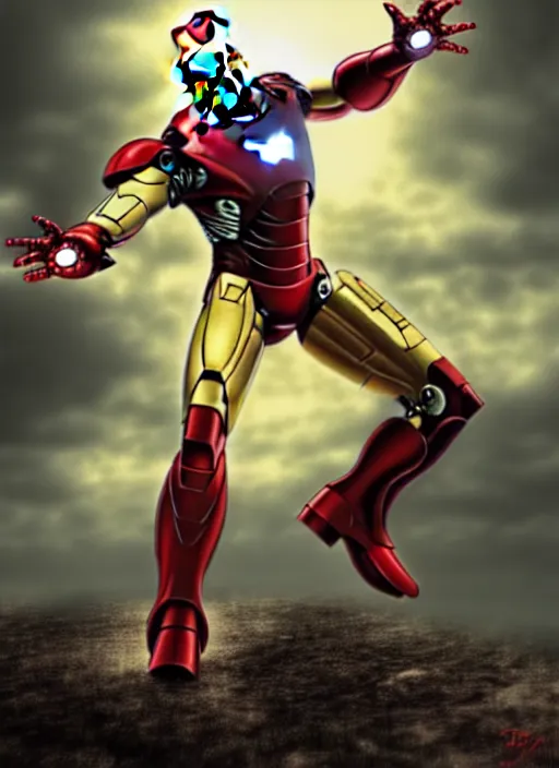 Image similar to iron man, howard lovecraft style, crazy background, digital art, high quality, high detail,