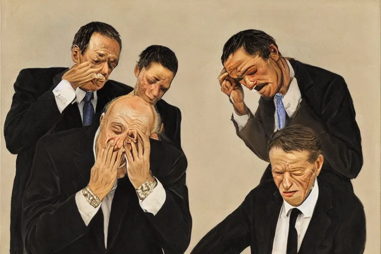 Image similar to a portrait of the three richest men in the world, crying. by anne leibovitz