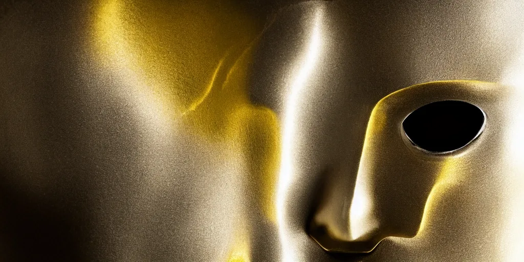Image similar to half a human face, skin layers made of metal, cyber punk, strong yellow light reflecting off the skin, studio lighting, professional photography, film prop