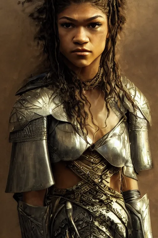 Image similar to zendaya, legendary warrior, heroic fighter, lord of the rings, tattoos, decorative ornaments, battle armor, omar ortiz, carl spitzweg, ismail inceoglu, vdragan bibin, hans thoma, greg rutkowski, alexandros pyromallis, perfect face, sharply detailed, centered, rule of thirds, realistic shading, photorealism