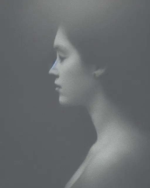 Prompt: a woman's face in profile, made of mist, in the style of the dutch masters and gregory crewdson, dark and moody