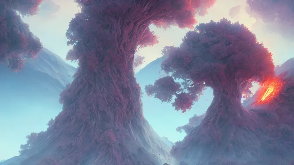 Image similar to exploding volcano, everlasting trees, pillar of ash, by sylvain sarrailh, rossdraws, ambient light, ultra detailed, fantasy artwork, 8 k, volumetric lighting, trending on artstation, award winning, very beautiful.