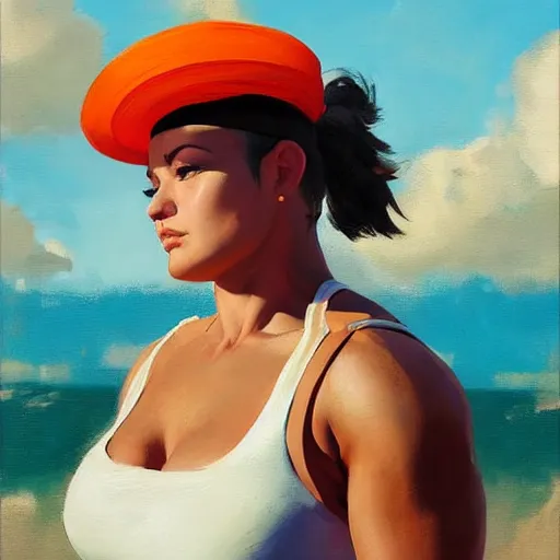 Image similar to greg manchess portrait of thick muscular weightlifter zarya from overwatch with ponytail wearing beach hat, medium shot, asymmetrical, profile picture, organic painting, sunny day, matte painting, bold shapes, hard edges, street art, trending on artstation, by huang guangjian and gil elvgren and sachin teng