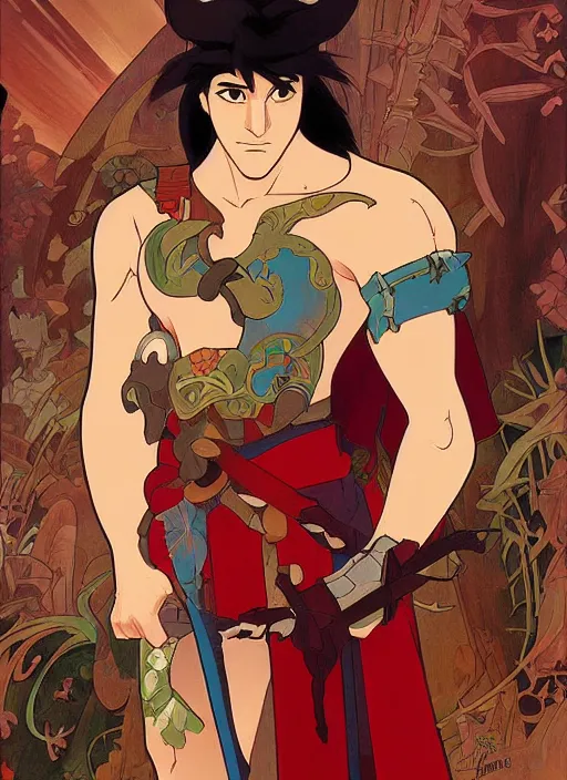 Image similar to official digital painting artwork of a male warrior character by don bluth, ross tran and studio ghibli + alphonse mucha.