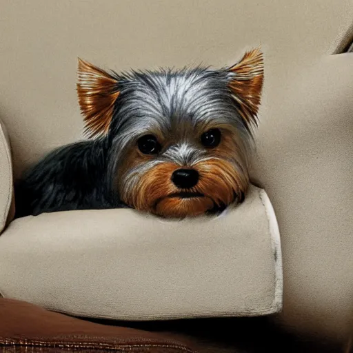 Prompt: gray Yorkie dog sitting on a white leather recliner, extremely detailed masterpiece, illustration, by Michael Sowa,