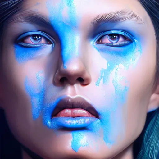 Prompt: face dripping with blue goo hyperrealistic portrait, photo realistic, poster, artstation, volumetric lighting, digital art, very detailed face by magali villeneuve