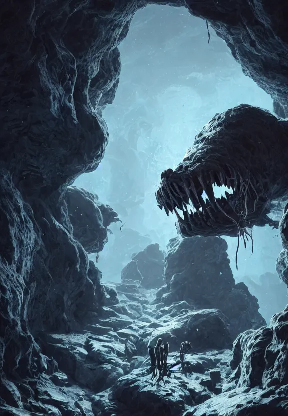 Prompt: three lovecraftian rabies mastiffs attacking inside a claustrophobic dark blue canyon of stone, foaming at the mouth, like ink in water, monsters, digital art, greg rutkowski, unreal engine, octane render, cinematic lighting, highly detailed