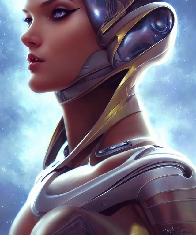 Image similar to futuristic Bodycon spacesuit of an alluring woman portrait, sci-fi, amber eyes, face, long hair, fantasy, intricate, elegant, highly detailed, digital painting, artstation, concept art, smooth, sharp focus, illustration, art by artgerm and greg rutkowski and alphonse mucha