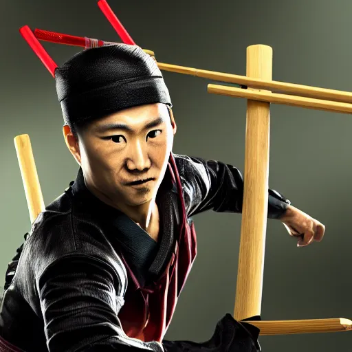 Image similar to ninja warrior holding chopstick and a wonton pan, realistic, hdr, clear image, hdd, rtx on, dynamic lighting, epic painting,