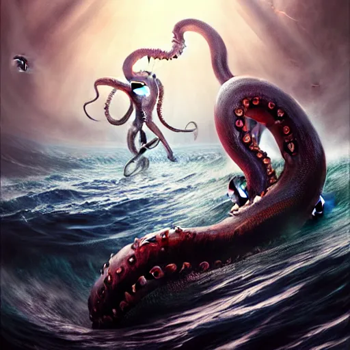 Image similar to a dream fantasy painting of a a man fighting a giant octopus in the deep of the ocean, by beksinki, giger, greg rutkowski, carne griffith trending on artstation, deviantart, photorealism