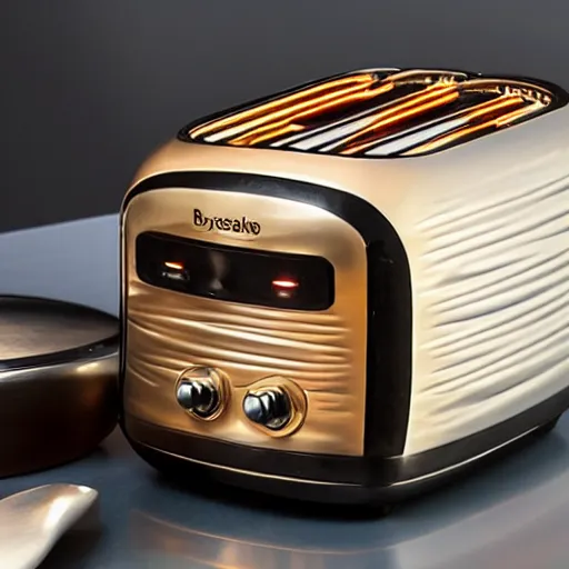Image similar to a studio product photo of a streamline futuristic toaster