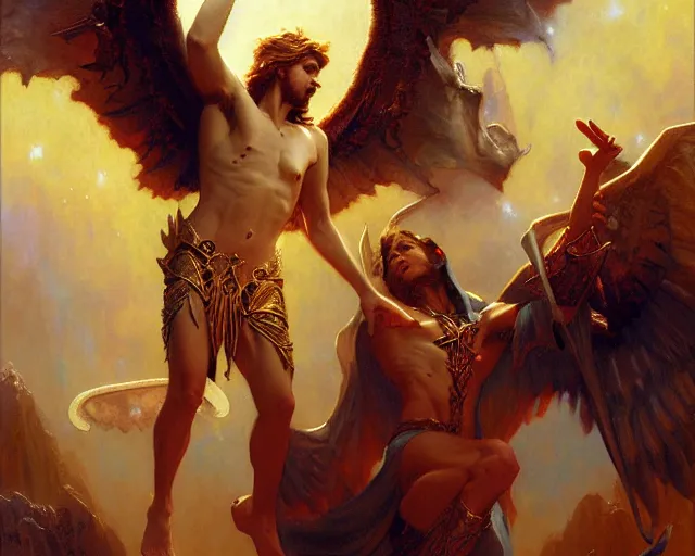 Image similar to attractive male deity, casting demonic magic, summoning handsome lucifer morning star. highly detailed painting by gaston bussiere, craig mullins, j. c. leyendecker 8 k