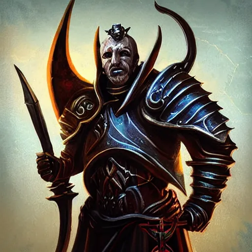 Image similar to portrait of a crusader in the style of Diablo, fighting demons, consecration