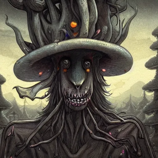 Image similar to a centered chest up portrait of a psychedelic demonic anthropomorphic wendigo smoking a hand - rolled cigarette smoking heavily, magic mushroom village in background. award winning. superb resolution. in the art style of junji ito and greg rutkowski. detailed mushroom city in background. hyper realistic anime. perfect art. dalle 2