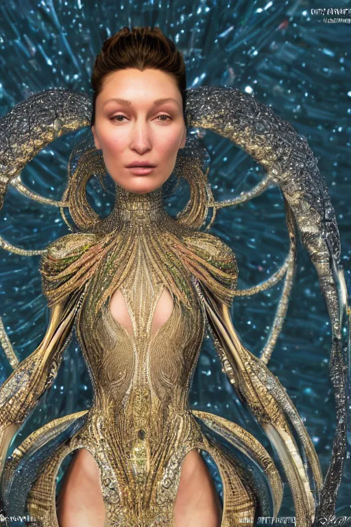 Image similar to a highly detailed metahuman 4 k close up render of an alien goddess bella hadid as shakti in iris van herpen dress schiaparelli in diamonds swarovski and jewelry in style of alphonse mucha gustav klimt trending on artstation made in unreal engine 4