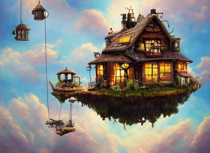 Image similar to cosy happy house floating in the sky with forest, clouds, steampunk, science fiction, magical fantasy, oil on canvas, masterpiece