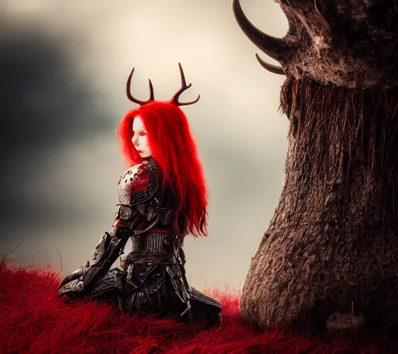 Image similar to a portrait photo of an armored woman warrior redhead with antlers sitting on the edge of a giant red cap mushroom that covers a whole town and reaches above the clouds by luis royo. intricate. lifelike. soft light. sony a 7 r iv 5 5 mm. cinematic post - processing