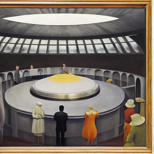 Image similar to scientists inspecting a giant creature in a dome - shaped control center, grant wood, pj crook, edward hopper, oil on canvas