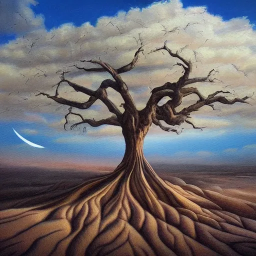 Prompt: a painting of an epic tree in the desert, an airbrush painting by breyten breytenbach, cgsociety, neo - primitivism, dystopian art,! apocalypse landscape!!