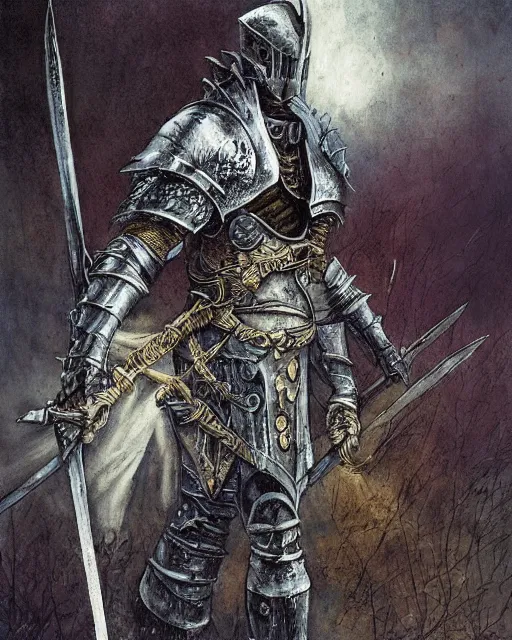 Image similar to a hyper realistic painting of a fantasy undead knight in old broken armor, pale colors, fog, dark fantasy, cinematic lighting, nighttime, by rebecca guay