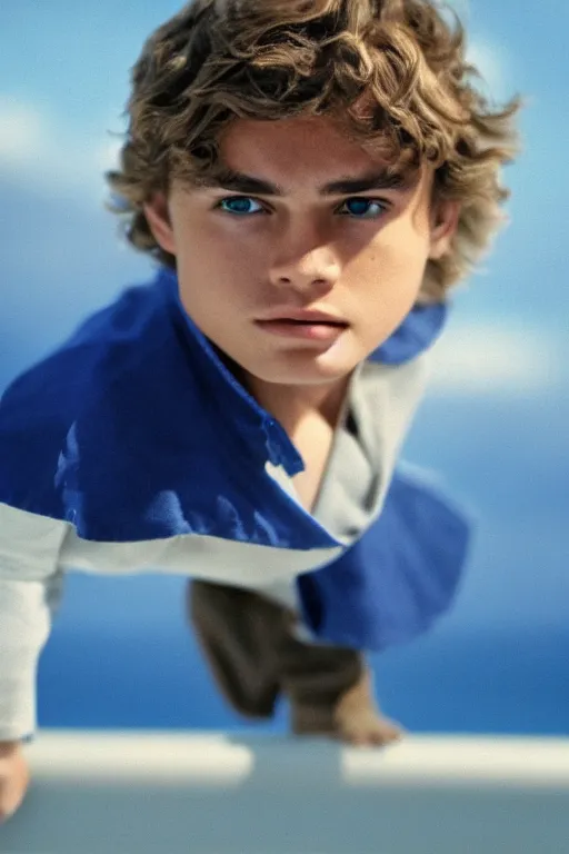 Prompt: close up still shot of young anakin skywalker standing on the diving board, 3 5 mm, highly detailed, attack of the clones, dynamic lighting